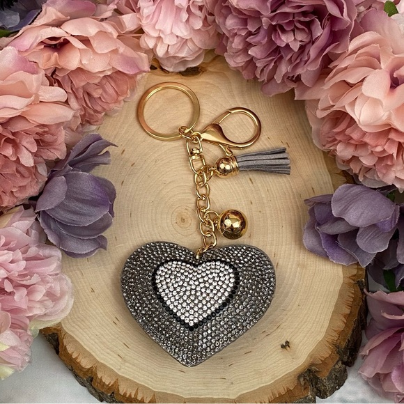 Accessories - Gray Rhinestone Heart Pendant & Tassel Keychain
